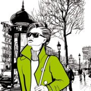 Cartoon Fashion Frau mit grüner Jacke läuft Strasse entlang