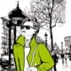 Cartoon Fashion Frau mit grüner Jacke läuft Strasse entlang