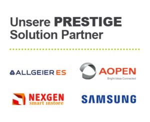 Logos der PRESTIGE Solution Partner Allgeier, Aopen, Nexgen und Samsung