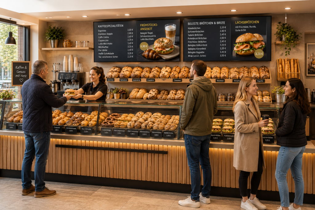 Digitala menytavlor i ett modernt bageri informerar kunderna om kaffespecialiteter, frukosterbjudanden och smörgåsar. Gästerna beställer vid försäljningsdisken medan digitala skärmar tydligt presenterar mat, dryck och priser. Bilden visar hur digital signage kan användas för kundkommunikation och för att öka försäljningen på försäljningsstället. AI-genererad