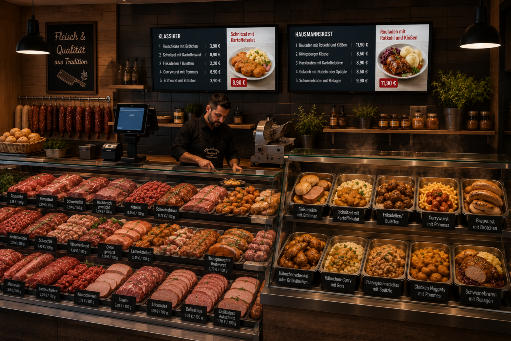 Digitala menytavlor i en modern köttaffär presenterar varma lunchrätter, husmanskost och köttspecialiteter med priser. Färskvarudisken erbjuder ett stort urval av kött- och korvprodukter samt färdiga måltider. Bilden visar användningen av digital signage för kundinformation, erbjudandehantering och säljfrämjande åtgärder vid försäljningsstället. AI-genererad