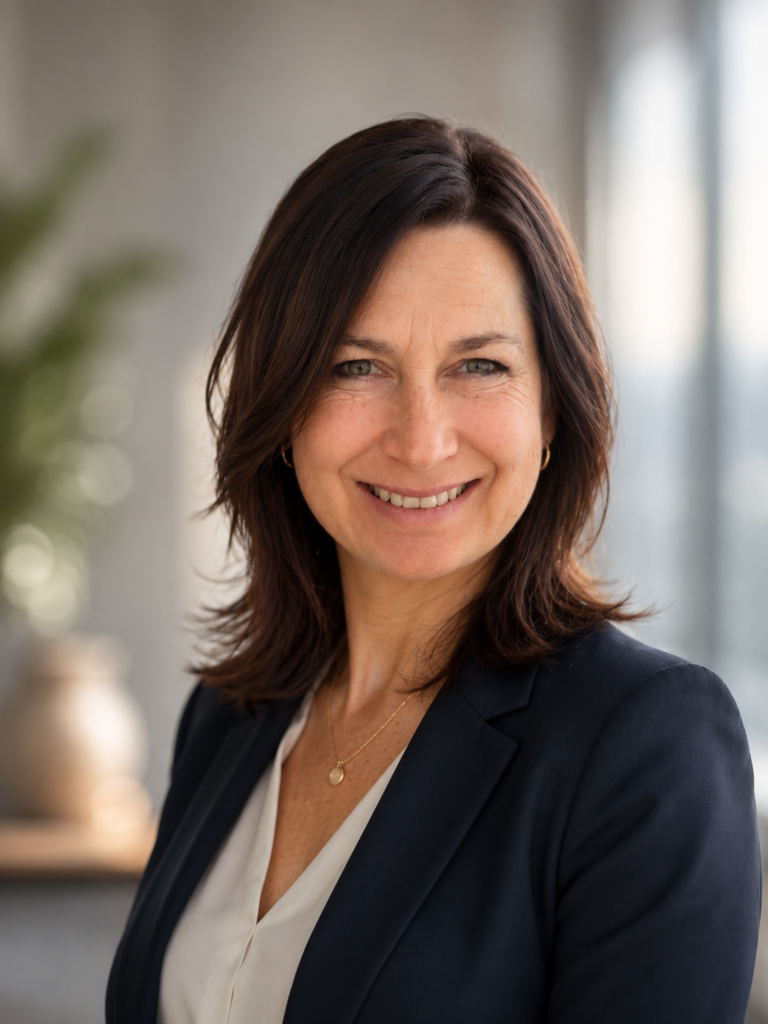 Professionellt affärsporträtt av Sandy Heinzmann, marknadschef på Online Software AG, i mörkblå kavaj mot ljus kontorsbakgrund.